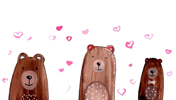 Set Watercolor Bears Hearts Hand Drawn Vector Illustration — 스톡 사진