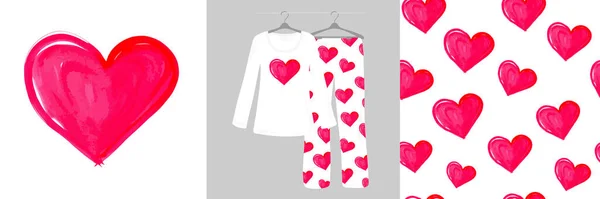 Hand Drawn Hearts Seamless Pattern Women Pajamas Watercolor Vector Illustration — Stock fotografie