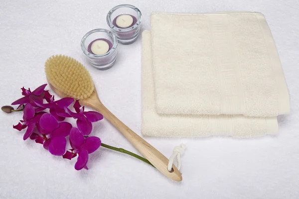 Wellness - Bath brush, towels and decoration — Stock Photo, Image