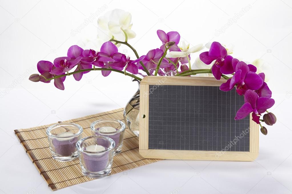 Bouquet of orchids with slate