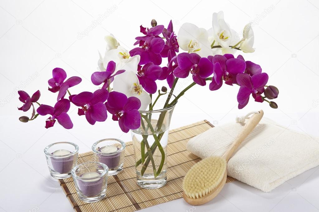 Wellness - Bath brush, towel, orchids and tealights