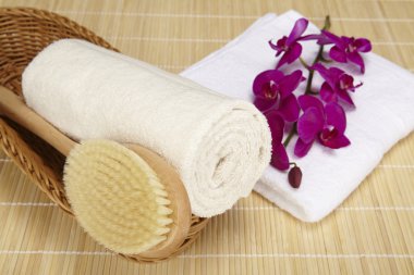 banyo fırçası ve bir sepet içinde havlu devirdi