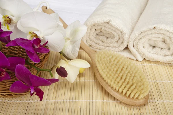 Wellness - bath brush, folded and rolled towels — Stock Photo, Image