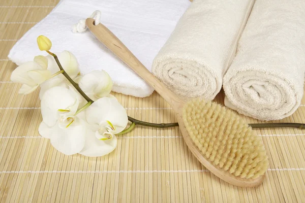 Wellness - bath brush, folded and rolled towels — Stock Photo, Image