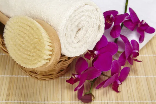 Bath brush and rolled towel in a basket — Stock Photo, Image