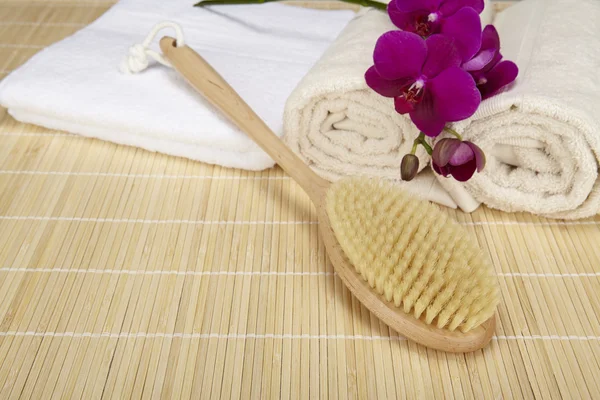 Wellness - bath brush, folded and rolled towels Stock Photo