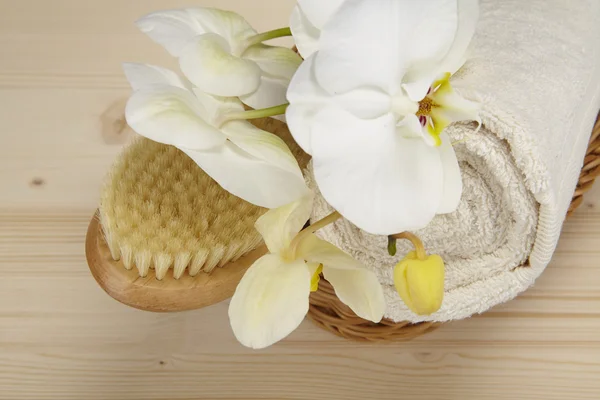 Bath brush and rolled towel in a basket — Stock Photo, Image