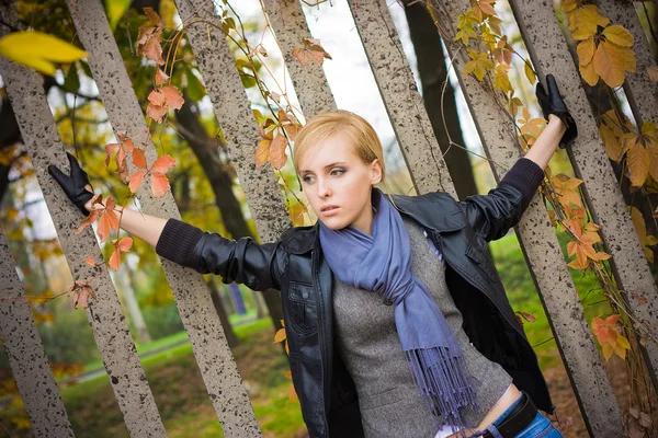 Young pretty girl near stone fence — Stock Photo, Image