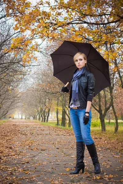 Young pretty girl at an autumn alley — Stock Photo, Image