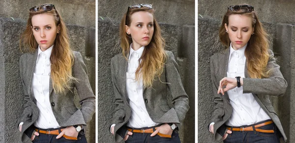 Triptych of portraits young woman near the wall — Stock Photo, Image