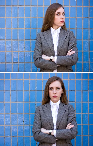 Diptych of portraits woman near the blue wall — Stock Photo, Image