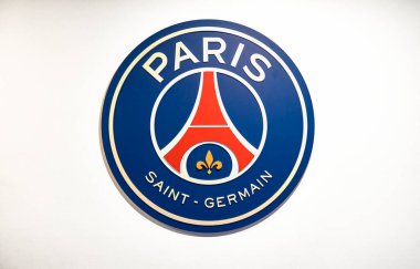 Club emblem in the interior of Parc des Princes arena - the official playground of FC PSG