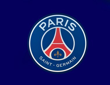 Club emblem in the interior of Parc des Princes arena - the official playground of FC PSG