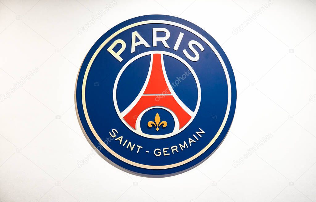 Club emblem in the interior of Parc des Princes arena - the official playground of FC PSG
