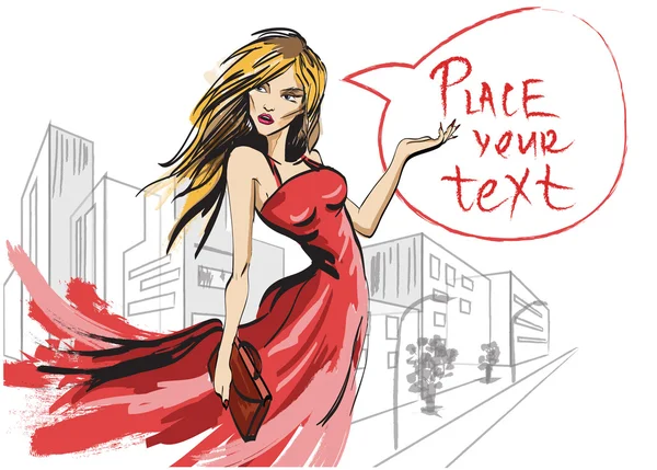 Mujer vestida de rojo. Ilustración de moda pintada a mano — Vector de stock