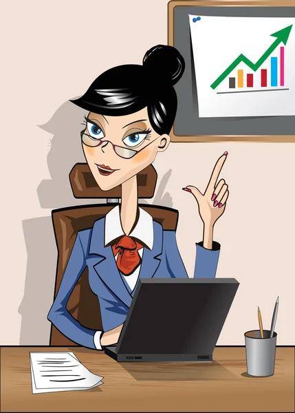 Business woman sitting in an office with a laptop at the table — Stock Vector