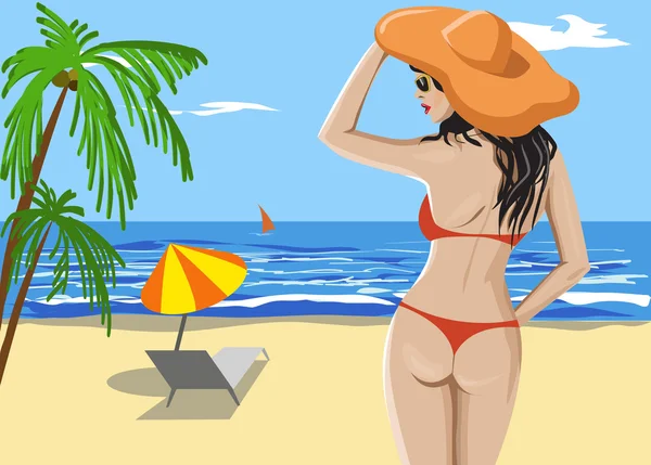 Chica en bikini y sombrero en la playa — Vector de stock