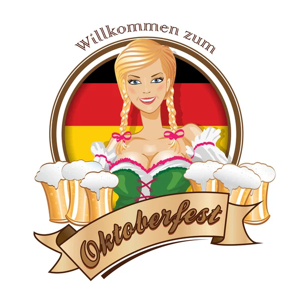 Oktoberfest logo design with the flag of Germany.Pretty blond girl with beer. — Stock Vector