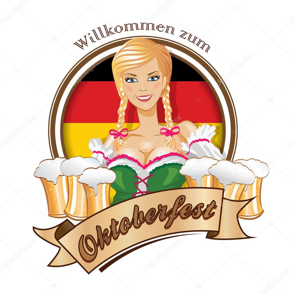 Oktoberfest logo design with the flag of Germany.Pretty blond girl with beer.