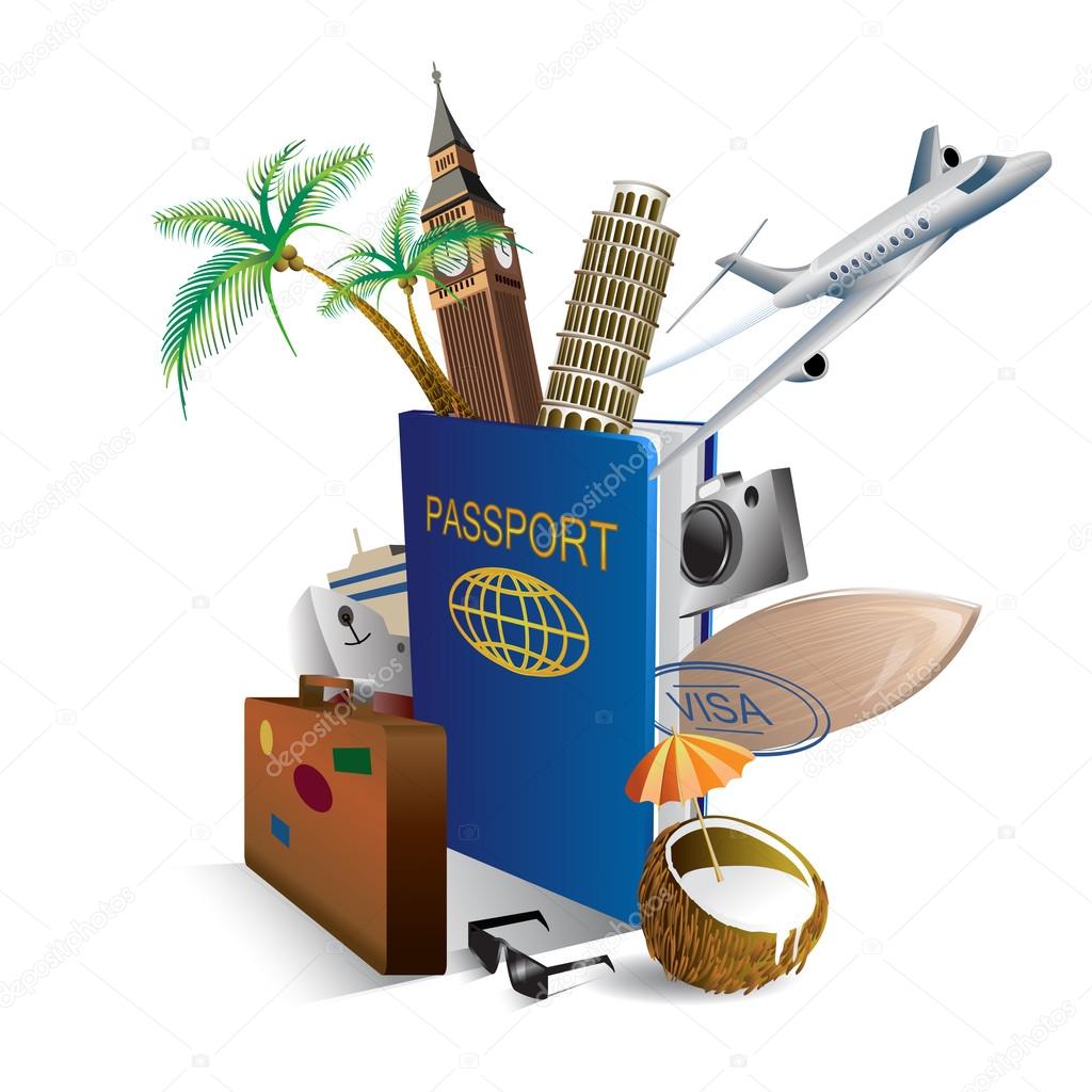 Illustration international passport and elements of travel and attractions