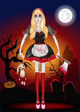 Karnaval kostümü ile oyuncak tavşan kız. Kanlı baltayla bebek. Cadılar Bayramı