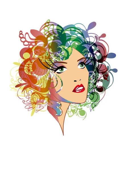 Hermosas mujeres de moda con pelo abstracto azul y elementos de diseño — Vector de stock