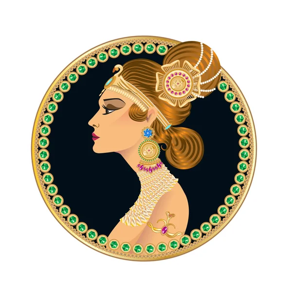 Le visage d'une belle fille de profil. Dans les bijoux en pierres précieuses. Illustration vectorielle . — Image vectorielle