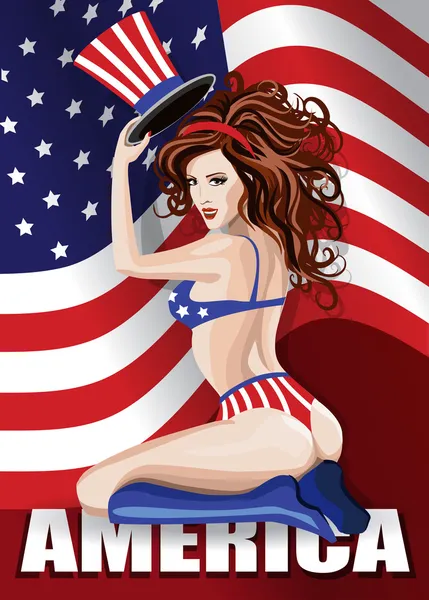 Εικονογράφηση φορέας. όμορφη χαμογελαστό γυναίκα σε μπικίνι πάνω από την αμερικανική σημαία — Διανυσματικό Αρχείο