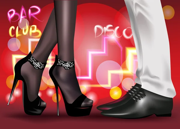Füße von Männern und Frauen, die vor einem Nachtclub und einer Diskothek stehen. Vektorhintergrund. — Stockvektor