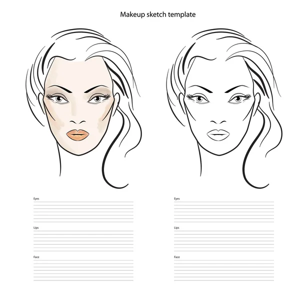 Plantilla de bosquejo de maquillaje, belleza chica cara. Ilustración vectorial — Archivo Imágenes Vectoriales