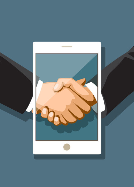 Businessmen shaking hands in a tablet PC. Social networks