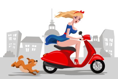 şehir etrafında Vespa kız rides ve köpek çalıştırır