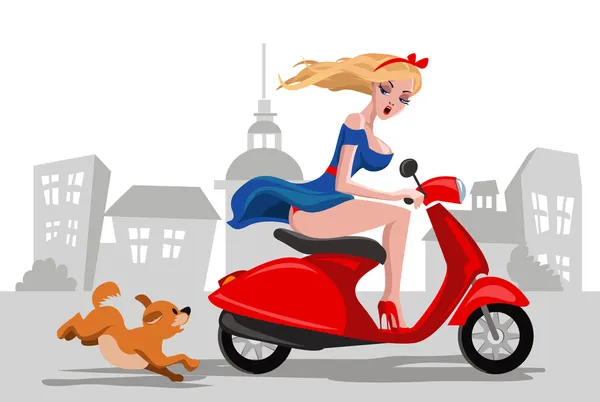 Vespa Girl rides around the city, and her puppy runs — Stock Vector