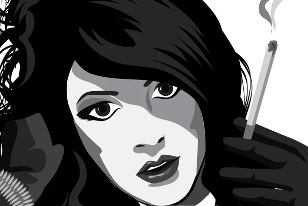 The beautiful girl smokes a cigarette. Monochrome vector illustration — Stock Vector