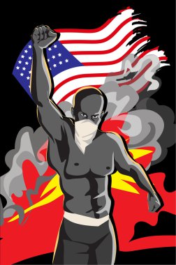 African-American protest. Protester man on the background of  American flag. clipart