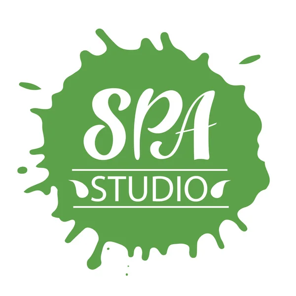 Lázeňské Studio Bílá Písmena Ručně Psané Logo Listy Zeleném Místě — Stockový vektor