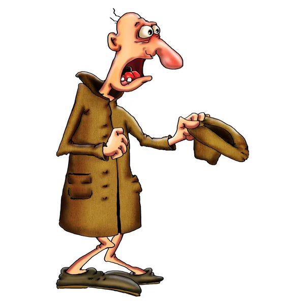 Ceketli bir adam elinde şapkasını tutan bir sadaka için yalvarıyor. beyaz arkaplanda izole edilmiş karikatür çizimi..