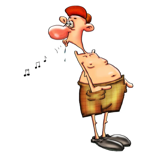 Ein Typ Kurzen Hosen Und Mütze Pfeift Eine Melodie Cartoon — Stockfoto