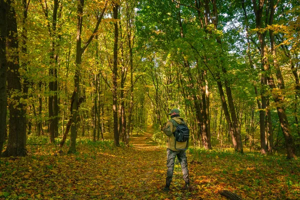 Egy Férfi Sétál Őszi Erdőben — Stock Fotó