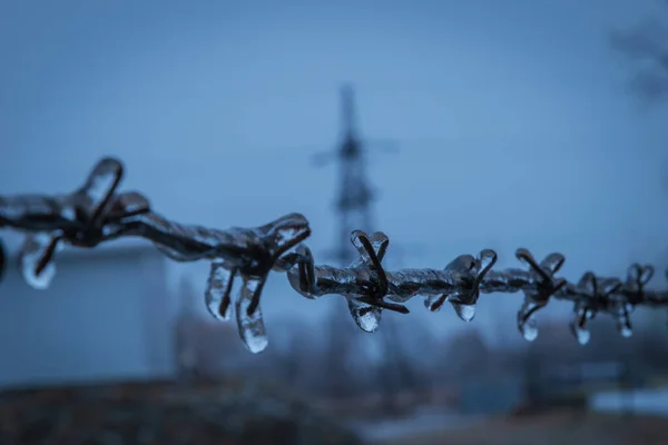電力塔の前にある鉄条網の上の氷 — ストック写真