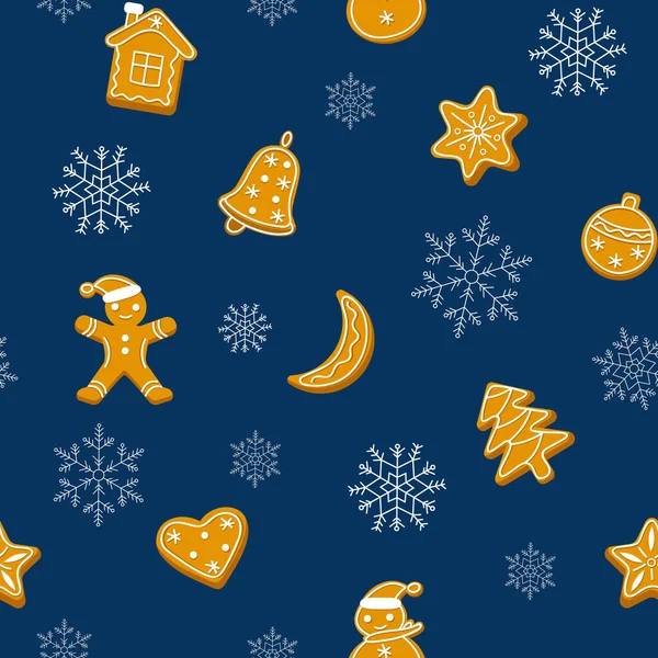 Perníkový bezešvý vzor. Zimní bezešvé vzory s perníkovými sušenkami. Roztomilé vánoční pozadí. — Stockový vektor