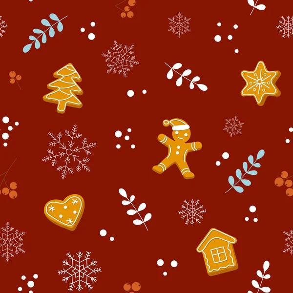 Perníkový bezešvý vzor. Slavnostní vánoční pozadí se sušenkami, bobulemi a vločkami. Plochý styl — Stockový vektor