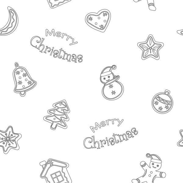 Panes de jengibre y la inscripción Feliz Navidad patrón sin costuras. Fondo navideño festivo con galletas de línea. Estilo lineal — Vector de stock