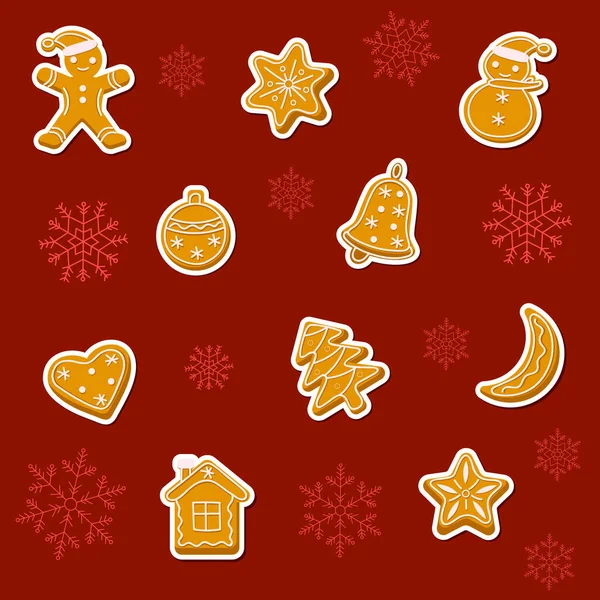 Perník nálepka set s perníkovým mužem, hvězda, míč, vánoční strom, sněhulák, dům, zvonek a srdce. — Stockový vektor