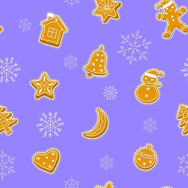 Perníkové samolepky bezešvé vzory se sněhovými vločkami. Slavnostní vánoční pozadí s cookies. — Stockový vektor