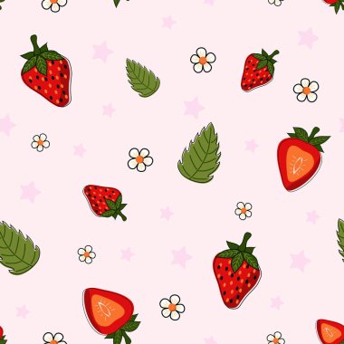 Seamless pattern. Cute colorful strawberries with leaves, flowers, stars.