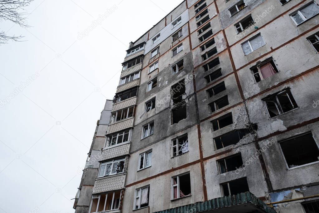War in Ukraine 2022. Destroyed, bombed and burned residential building after Russian missiles in Kharkiv Ukraine. Russian aggression. Russian attack on Ukraine. Russia is bombing Ukraine
