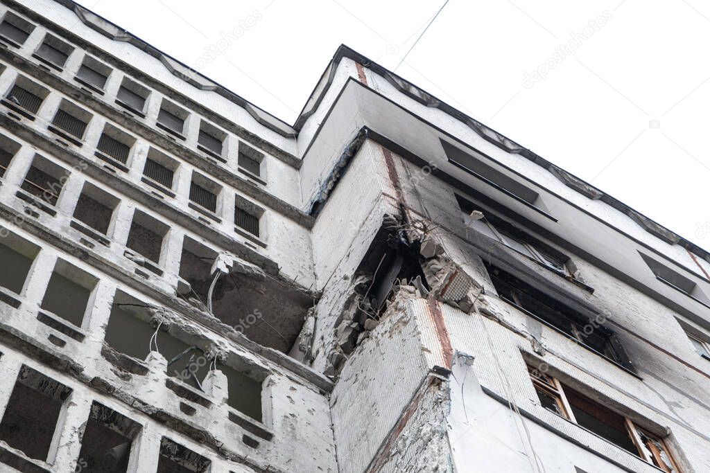 War in Ukraine 2022. Destroyed, bombed and burned residential building after Russian missiles in Kharkiv Ukraine. Russian aggression. Russian attack on Ukraine. Russia is bombing Ukraine