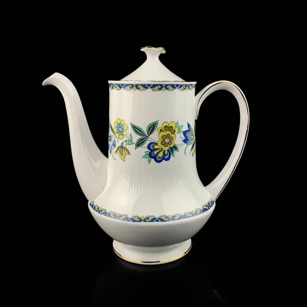 Vintage Teapot Floral Pattern Vintage Tea Set Hand Painted Black — Stock Photo, Image