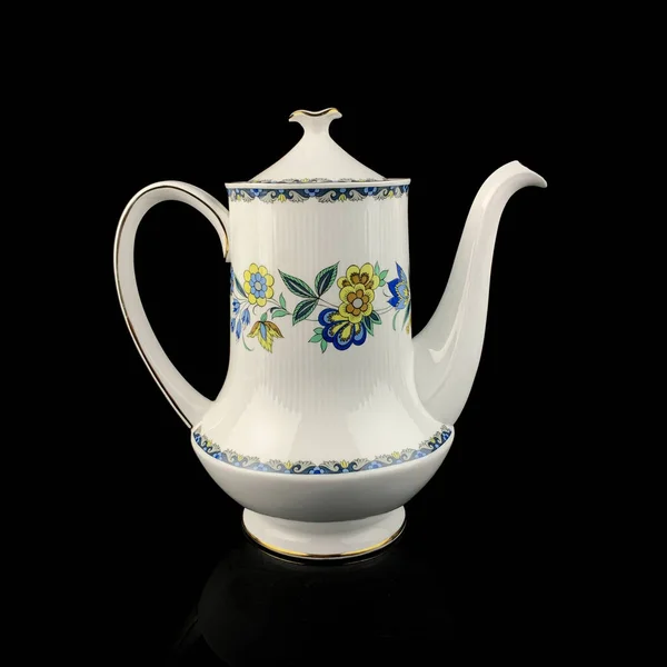 Vintage Teapot Floral Pattern Vintage Tea Set Hand Painted Black — Stock Photo, Image